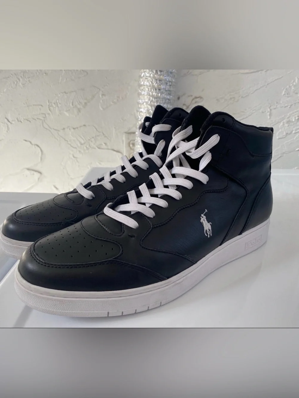 Polo by Ralph Lauren size 14 Black Leather High-Top Sneakers with White Accents